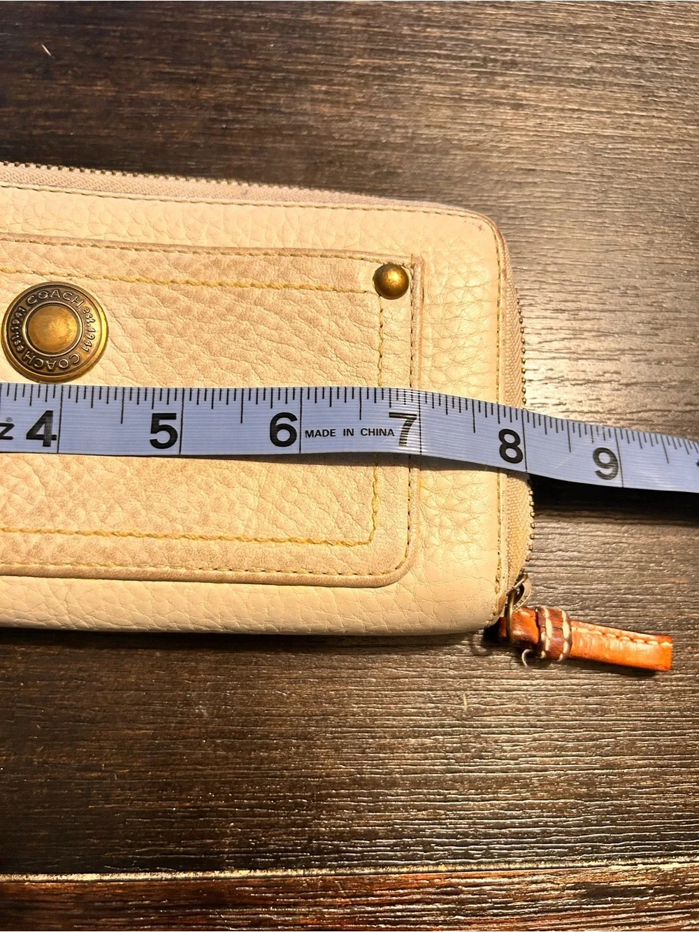 Coach Beige Leather Zip Around Wallet with Brass Hardware